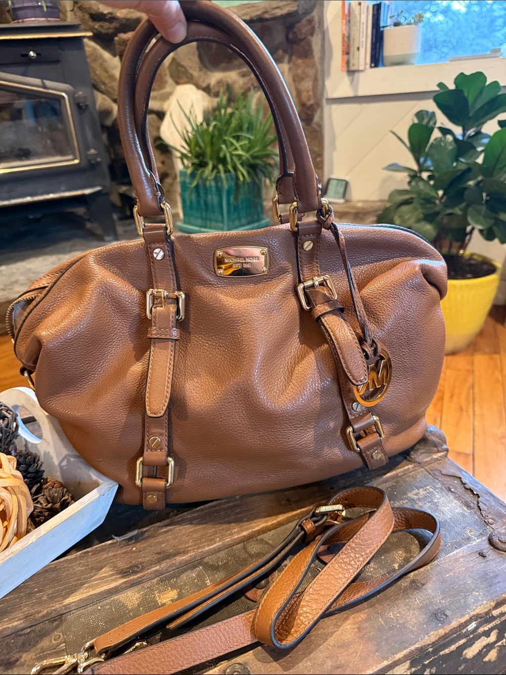 MICHAEL Michael Kors Brown Leather Satchel with Gold Hardware